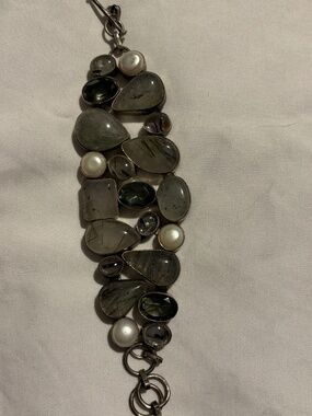 Genuine Multigemstone & Pearl Wide Statement Bracelet